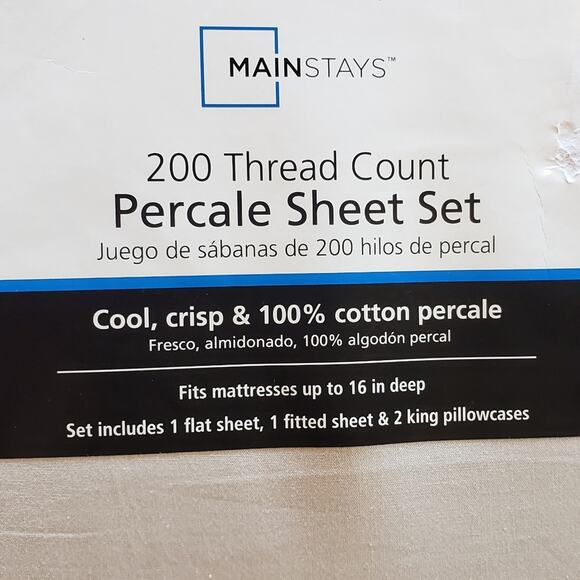 Mainstays Percale King sheet set 200 thread count new no pillow cases light gray - Picture 6 of 7